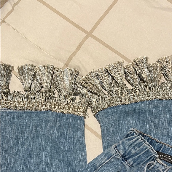 Stylish Blue Denim Straight Leg Everyday Soft with Belt and Tassel Hem. - Picture 8 of 9